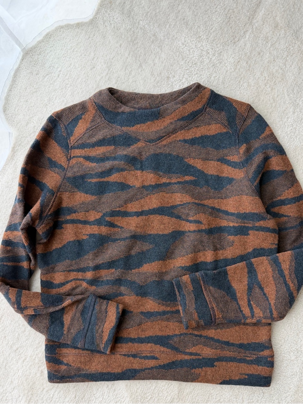 Prana Wool Brown & Dark Blue Patterned Crewneck Sweater